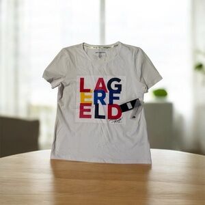 Karl Lagerfeld White Tee with Bold Multicolor Logo
